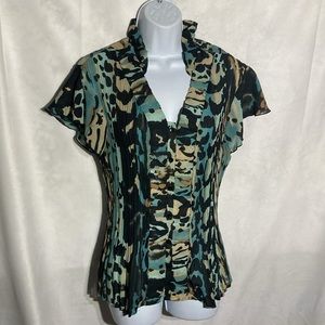 47-3 SIGNATURE BY LARRY LEVINE blue tan animal print pleated semi sheer top L